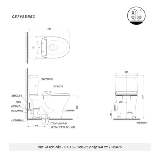 Bồn Cầu TOTO CS769DRE2#XW 2 Khối Nắp Rửa Cơ TCW07S - 7