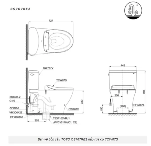 Bồn Cầu TOTO CS767RE2#XW 2 Khối Nắp Rửa Cơ TCW07S - 5