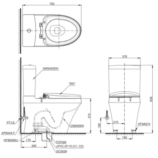 Bồn Cầu Điện Tử TOTO CS945DNW7#XW Kèm Nắp Rửa Điện Tử WASHLET Dòng C2 – TCF6631A (220V) - 5