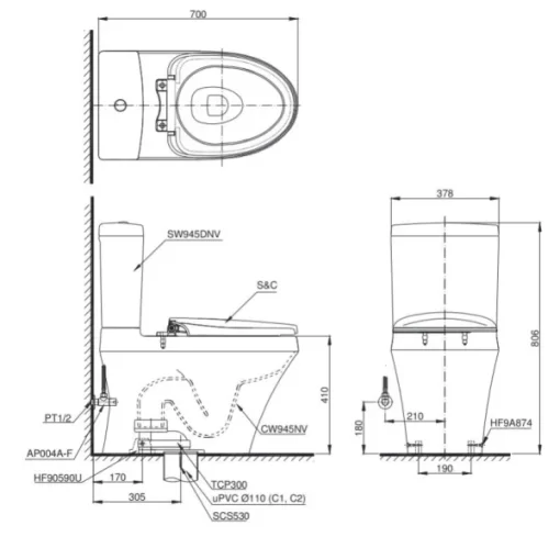Bồn Cầu Điện Tử TOTO CS945DNW6#XW Kèm Nắp Rửa Điện Tử WASHLET Dòng C5 – TCF6531Z (220V) - 7