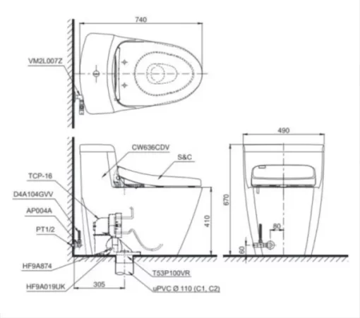 Bồn Cầu Điện Tử TOTO CS769DRW7#XW Kèm Nắp Rửa Điện Tử WASHLET Dòng C2 – TCF6631A (220V) - 7