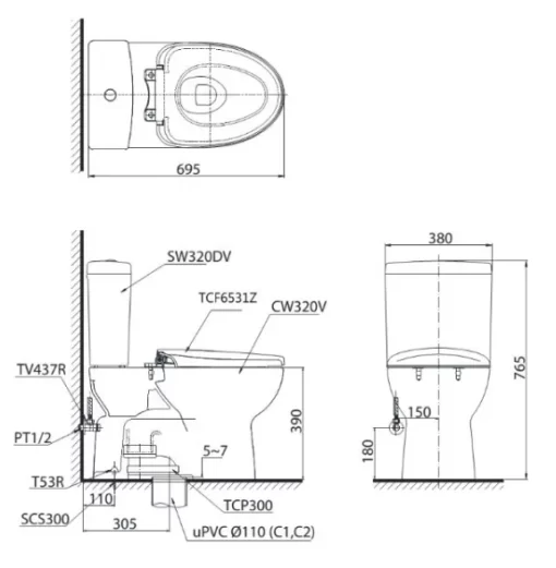Bồn Cầu Điện Tử TOTO CS320DRW7#W Kèm Nắp Rửa Điện Tử WASHLET Dòng C2 – TCF6631A (220V) - 7