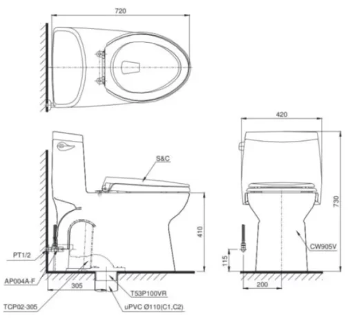 Bồn Cầu TOTO MS905E4#XW 1 Khối Nắp Rửa Cơ TCW1211A - 7
