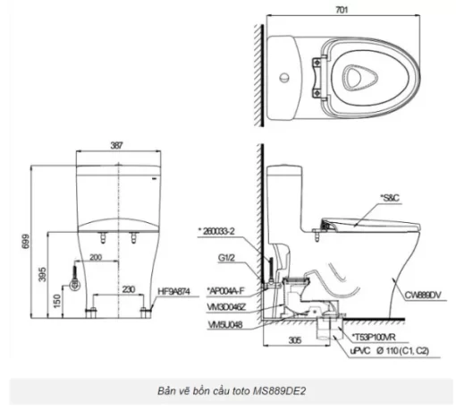 Bồn Cầu TOTO MS889DRE2#XW 1 Khối Nắp Rửa Cơ TCW07S - 9