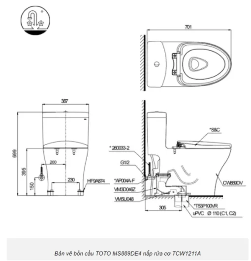 Bồn Cầu TOTO MS889DRE4#XW 1 Khối Nắp Rửa Cơ TCW1211A - 5