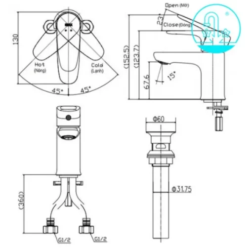 Vòi Lavabo INAX LFV-1112S Nóng Lạnh - 5