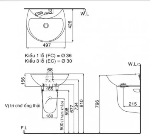 Chậu Rửa Lavabo INAX L-285V/L-288VC Kèm Chân Ngắn Treo Tường - 5