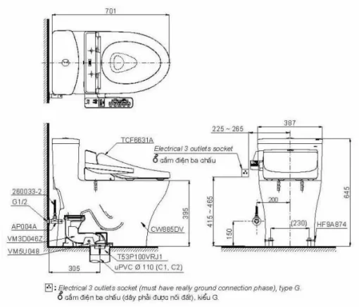 Bồn Cầu Điện Tử TOTO MS885DW7#XW Kèm Nắp Rửa Điện Tử WASHLET Dòng C2 – TCF6631A (220V) - 5