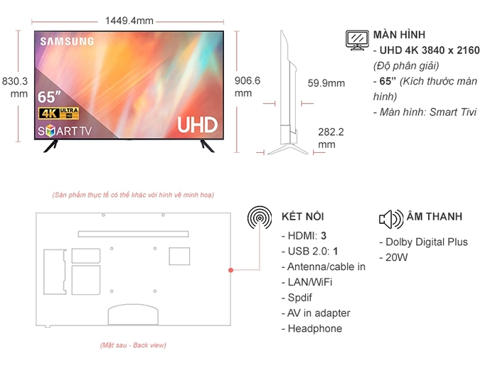 Smart Tivi Samsung 4K 65 inch UA65AU7700KXXV