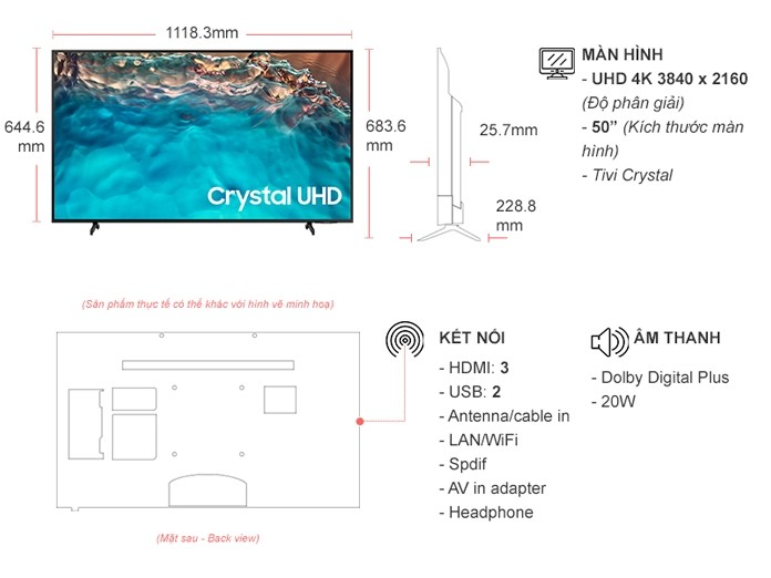 Smart Tivi Samsung 4K Crystal UHD 50 inch UA50BU8000