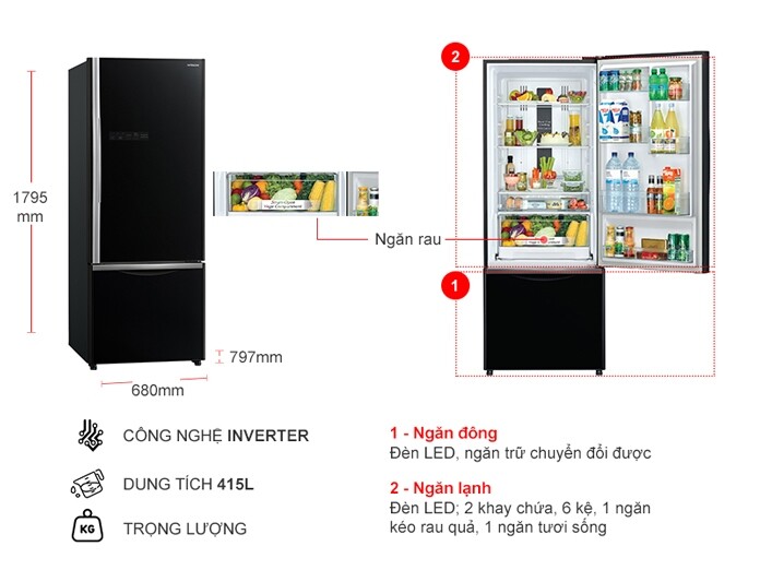 Tủ lạnh Hitachi Inverter 415 lít R-B505PGV6-GBK