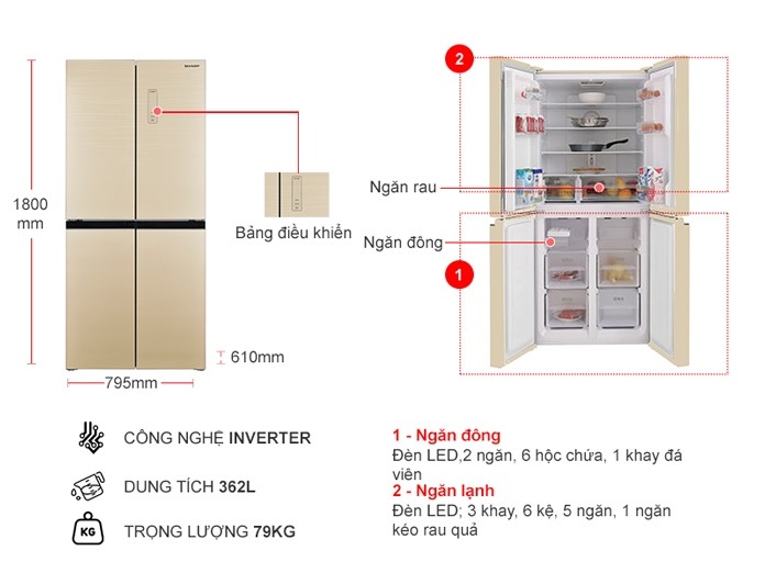 Tủ lạnh Sharp Inverter 362 lít SJ-FX420VG-CH