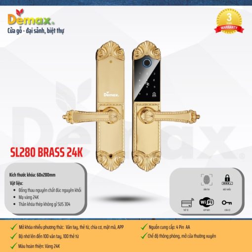Khóa cửa vân tay DEMAX SL280 BRASS 24K tiêu chuẩn Đức - 3