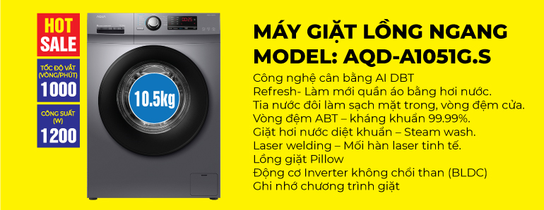 Máy giặt Aqua AQD-A1051G.S Inverter 10.5kg