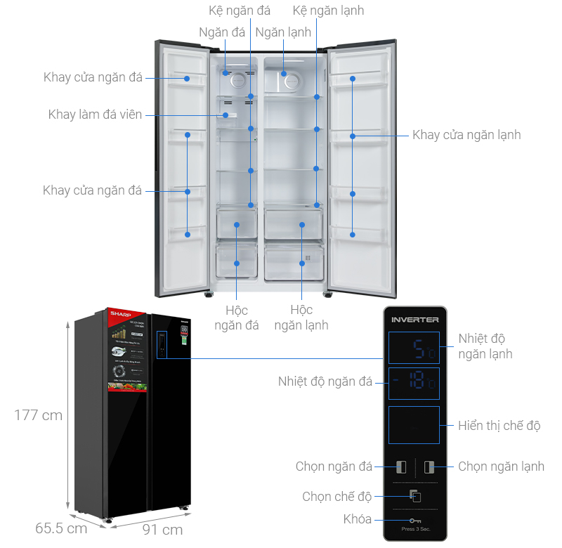 Tủ lạnh Sharp Inverter 532 lít Side By Side SJ-SBX530VG-BK