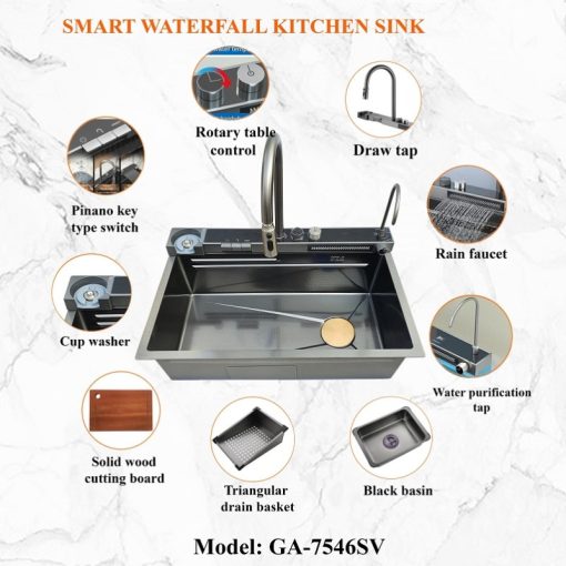 Chậu Inox liền vòi xả thác thông minh 1 hộc GOLICAA GA-7546SV - 3