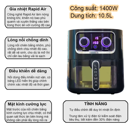 NỒI CHIÊN KHÔNG DẦU LADOMAX HA-5610-LED - 3