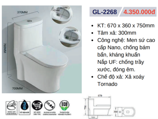 Bồn cầu liền khối GOLICAA GL-2268 - 5