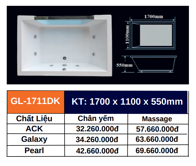 Bồn tắm GOLICAA GL-1711DK