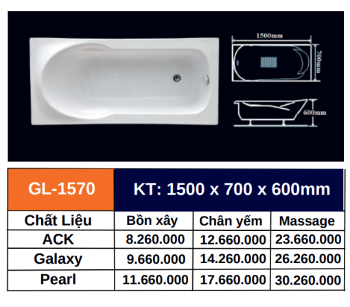 Bồn tắm GOLICAA GL-1570 - 3
