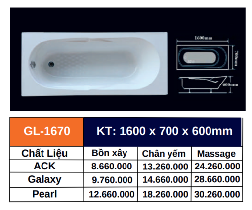 Bồn tắm GOLICAA GL-1670 - 3