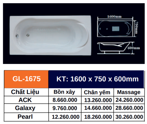 Bồn tắm GOLICAA GL-1675 - 3