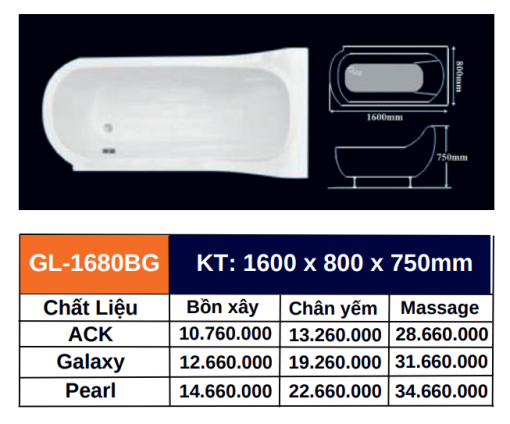 Bồn tắm GOLICAA GL-1680BG - 3