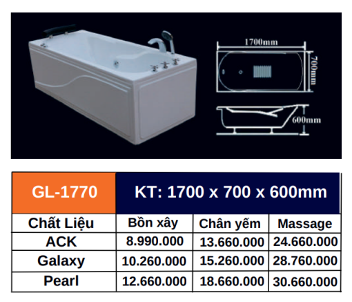 Bồn tắm GOLICAA GL-1770 - 3
