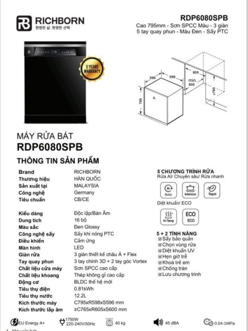 Máy rửa bát Richborn RDP6080SPB - 3