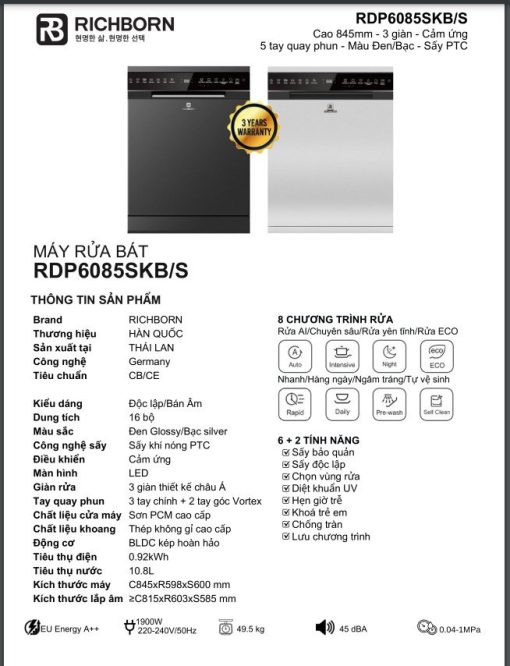 Máy rửa bát Richborn RDP6085SKB - 3