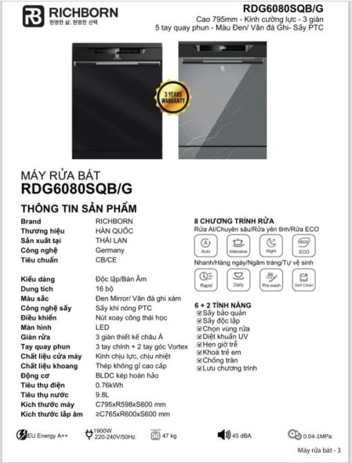 Máy rửa bát Richborn RDG6080SQB - 3