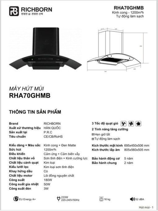 Máy hút mùi Richborn RHA70GHMB - 3