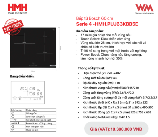 Bếp từ Bosch Serie 4 PUJ63KBB5E 3 Vùng nấu 4600W - 7
