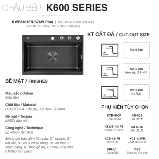 Chậu rửa bát KLUGER KWF8161FB-S76W Plus