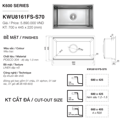 Chậu rửa bát KLUGER KWU8161FS-S70