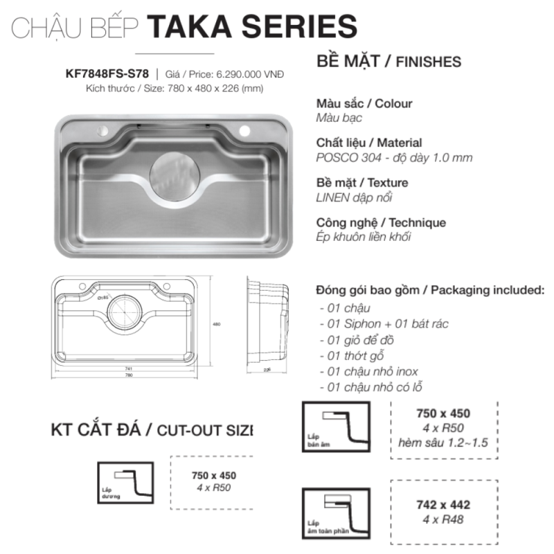 Chậu rửa bát Kluger KT8050FS-S80 màu bạc - 20 Chậu rửa bát Kluger KT8050FS-S80