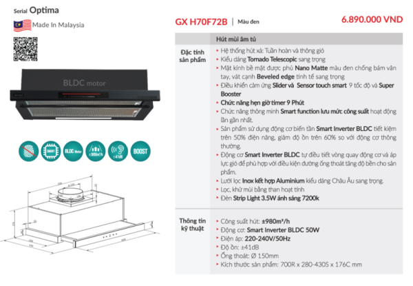 Máy hút mùi âm tủ GrandX GX H70F72B - 3