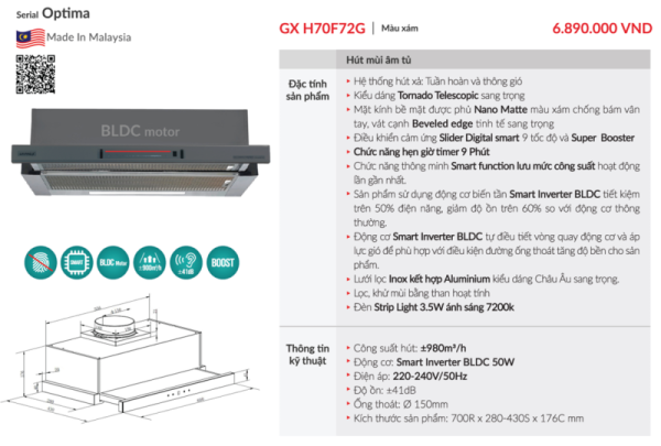 Máy hút mùi âm tủ GrandX GX H70F72G - 5