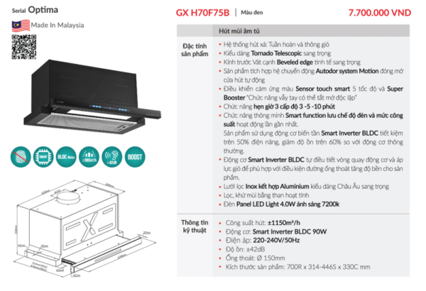 Máy hút mùi âm tủ GrandX GX H70F75B - 3