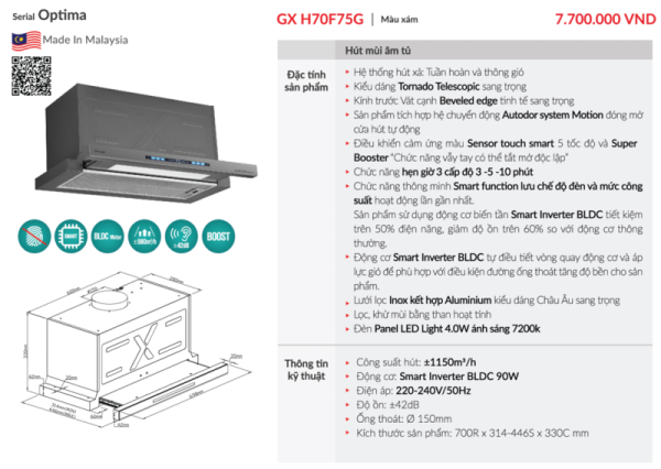 Máy hút mùi âm tủ GrandX GX H70F75G - 7