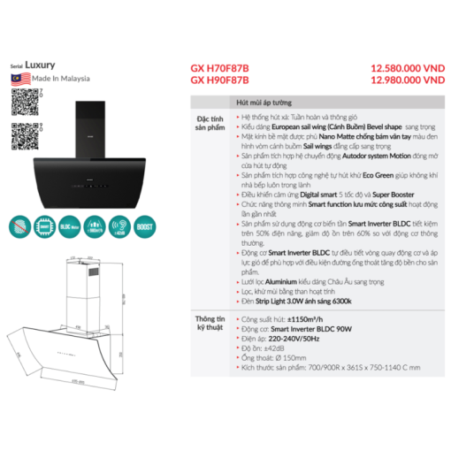 Máy hút mùi áp tường GrandX GX H70F87B - 5