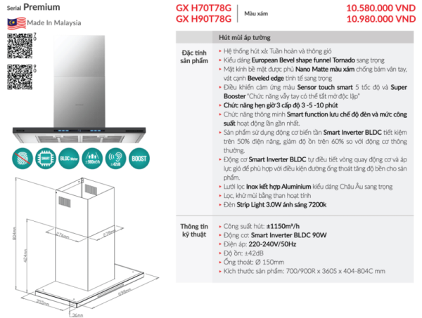 Máy hút mùi áp tường GrandX GX H70T78G - 3