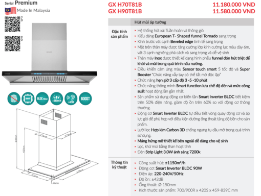 Máy hút mùi áp tường GrandX GX H70T81B - 3