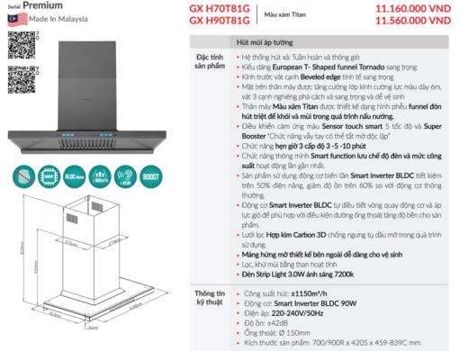 Máy hút mùi áp tường GrandX GX H70T81G - 3
