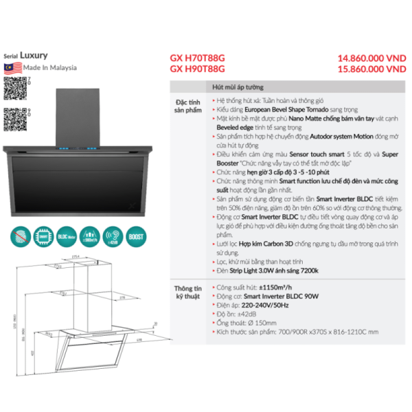 Máy hút mùi áp tường GrandX GX H70T88G - 3