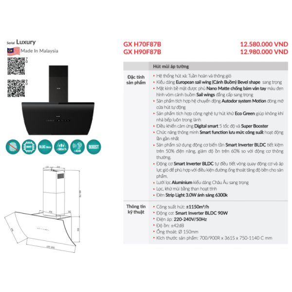 Máy hút mùi áp tường GrandX GX H90F87B - 5