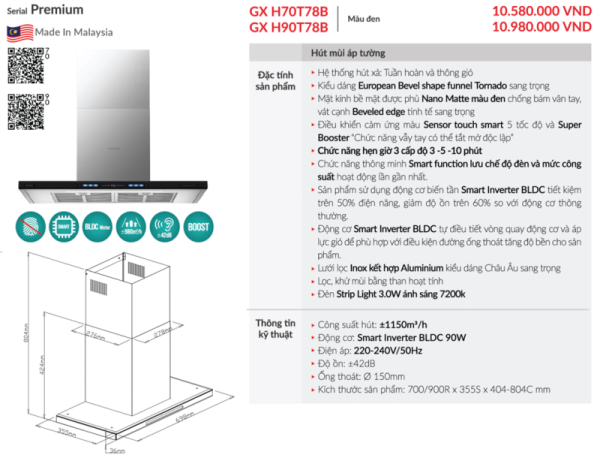 Máy hút mùi áp tường GrandX GX H90T78B - 3