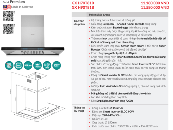 Máy hút mùi áp tường GrandX GX H90T81B - 3