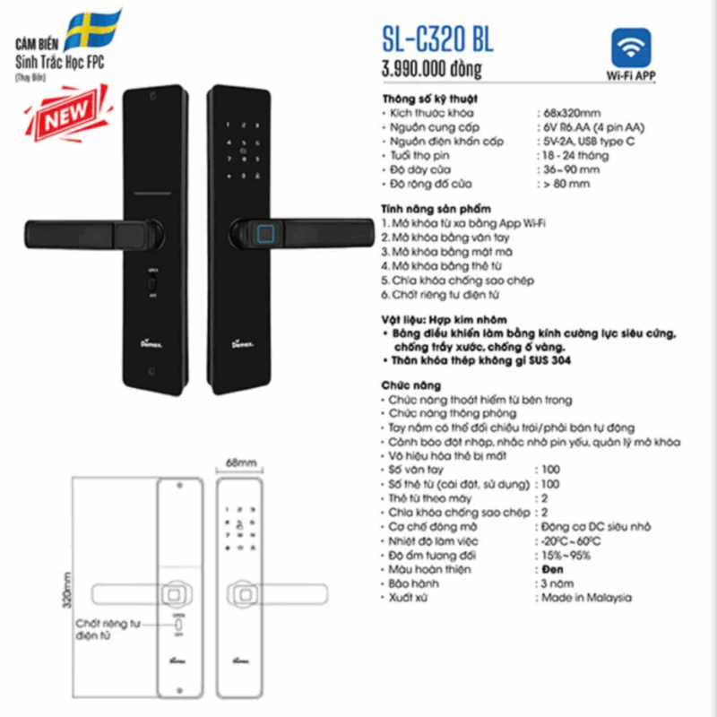 Khóa cửa gỗ DEMAX SL-C320 BL App Wifi - 10 Khóa cửa gỗ DEMAX SL-C320 BL App Wifi
