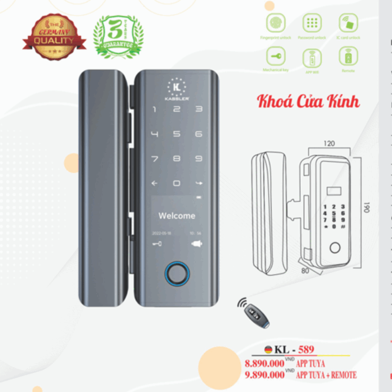 Khóa cửa kính Kassler KL-589 BLACK APP+REMOTE - 12 Khóa cửa kính Kassler KL-589 BLACK APP+REMOTE